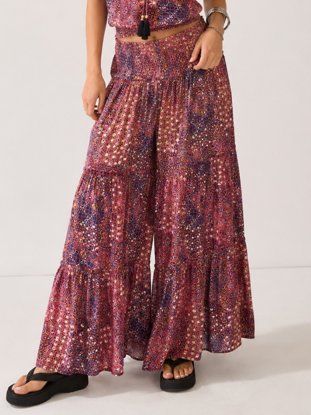 Angie Boho Wide Leg Palazzo Pants Pink Blue Paisley Print Rayon Size Large